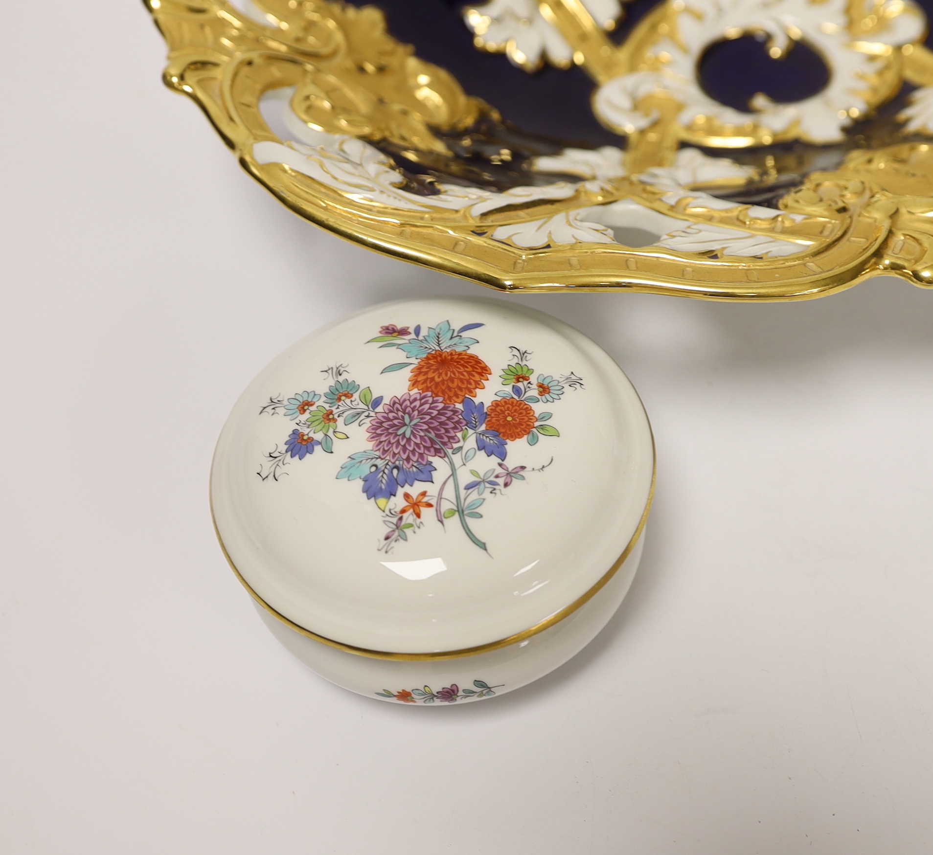 A Meissen gilt and blue glazed dish together with a similar floral caddy and box and cover, dish 33cm